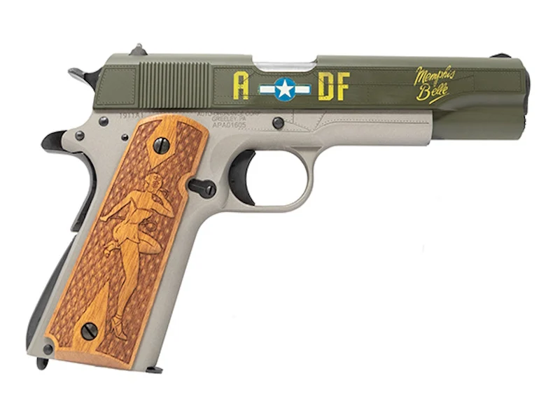 Auto-Ordnance Memphis Belle 1911 .45 ACP 5-inch pistol with custom hardwood grips and commemorative finish