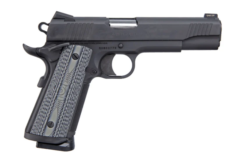 Colt CCU Government 1911 9mm 5-inch Matte Black DLC pistol with G10 checkered gray grips