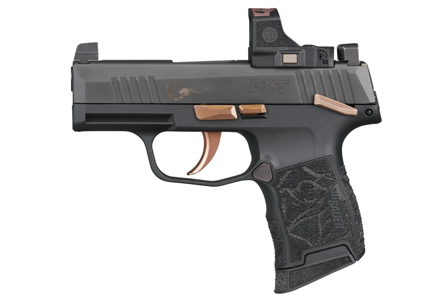 SIG Sauer P365 Rose .380 ACP 3.1-inch Romeo-RS compact pistol, black frame with rose-engraved grip