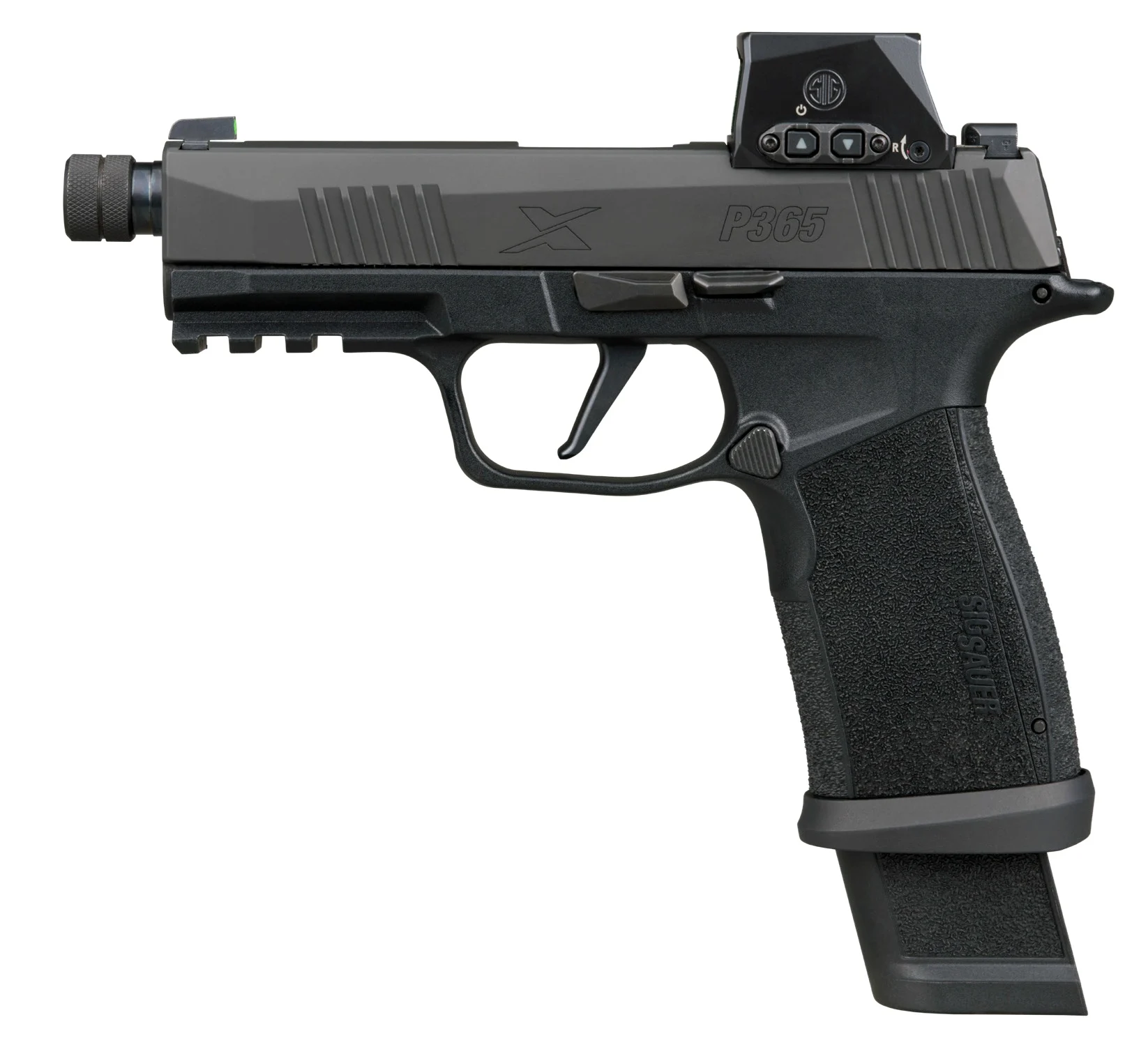 Sig Sauer P365X Macro TACOPS 9mm with 4.3-inch threaded barrel and Romeo-X red dot