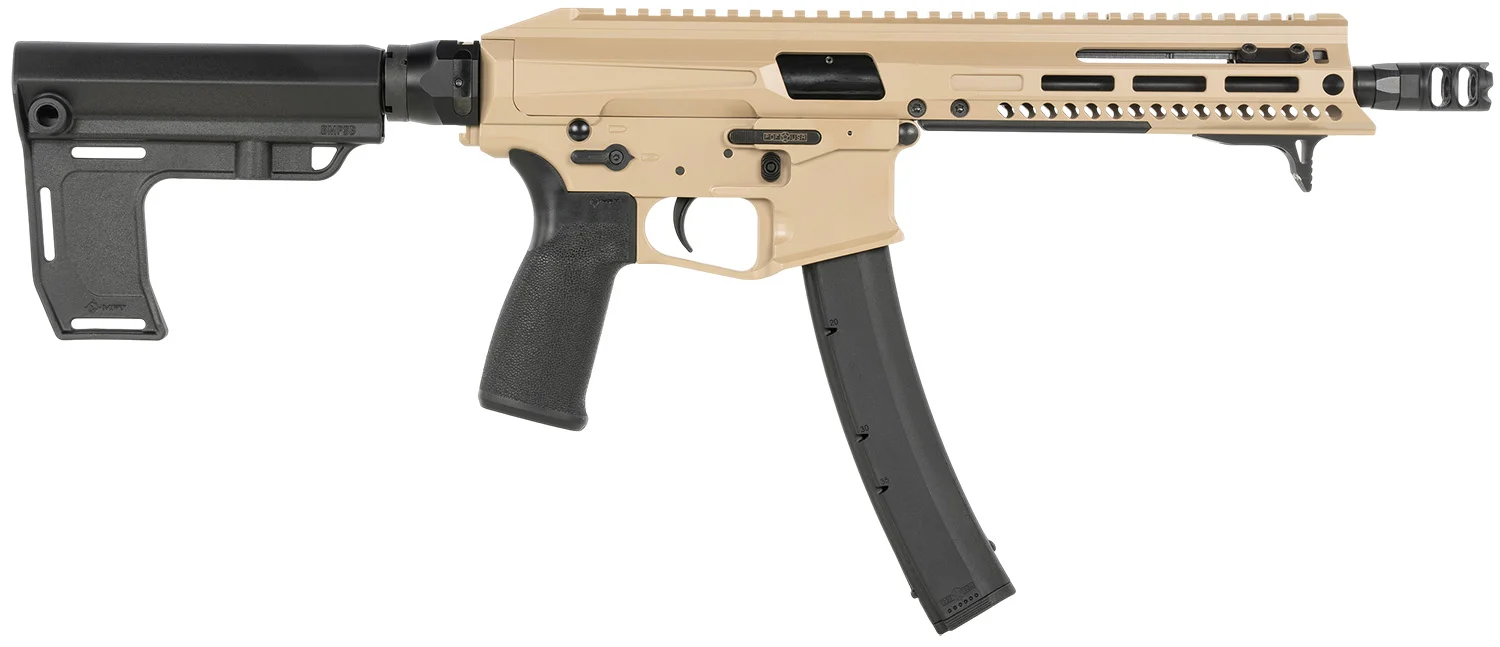 Patriot Ordnance Factory Phoenix PSTL 9mm 8-inch FDE Cerakote pistol with MFT stabilizer and 35-round magazine