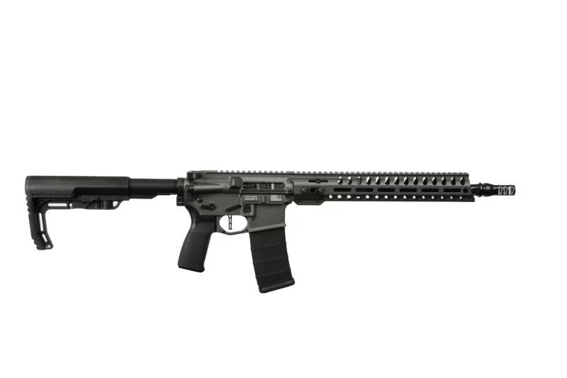 Patriot Ordnance Factory Minuteman .300 AAC Blackout rifle with 13.75 inch barrel and tungsten Cerakote receiver