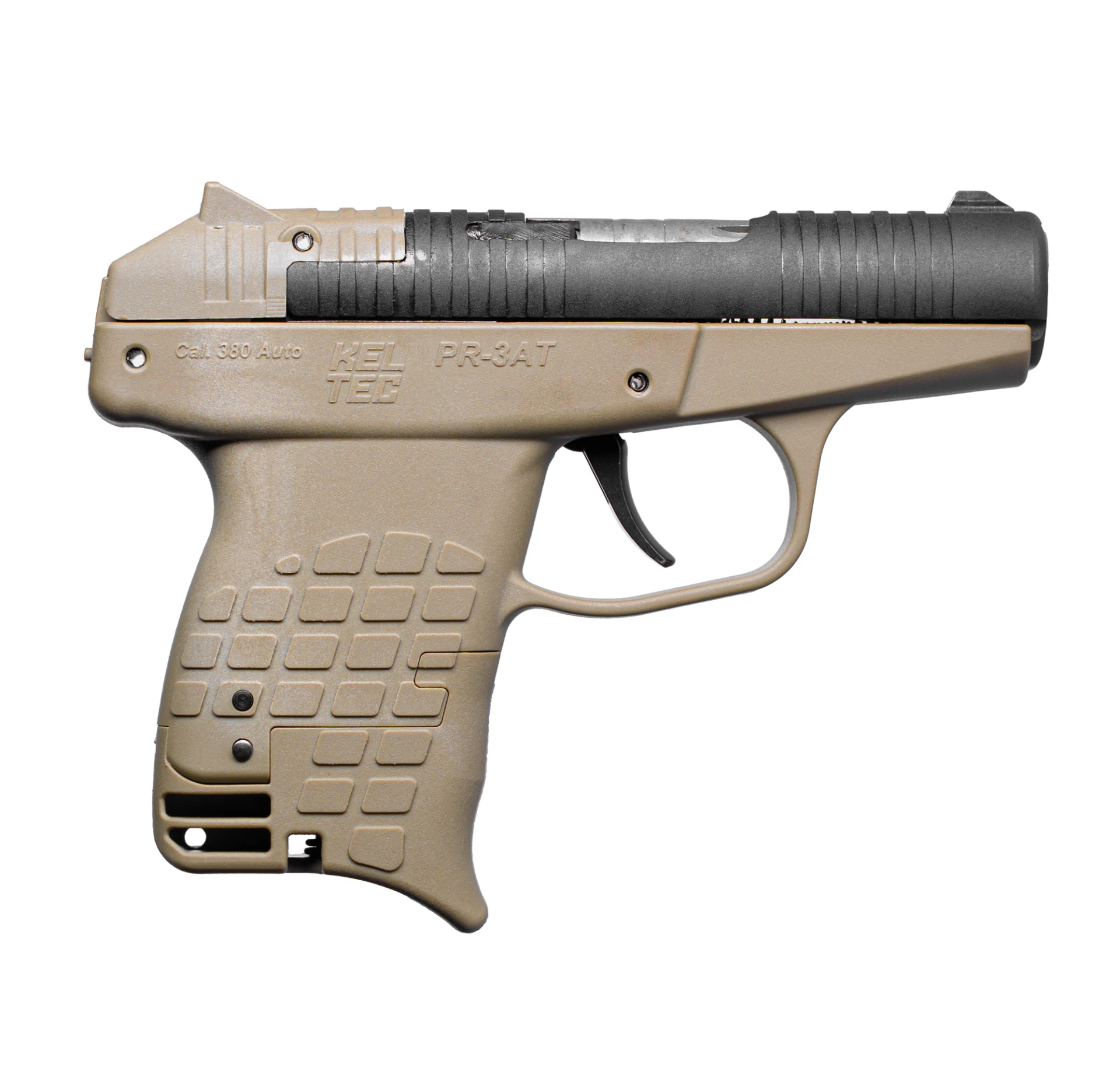 KelTec PR-3AT .380 ACP pistol, tan polymer frame, black slide, 2.85 in barrel