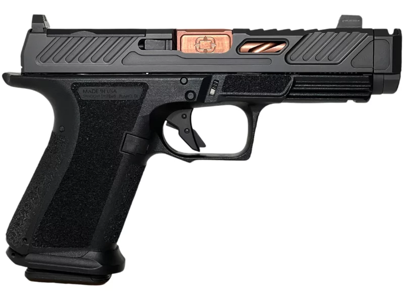 Shadow Systems MR920P Elite 9mm pistol with spiral-fluted bronze barrel and black polymer frame