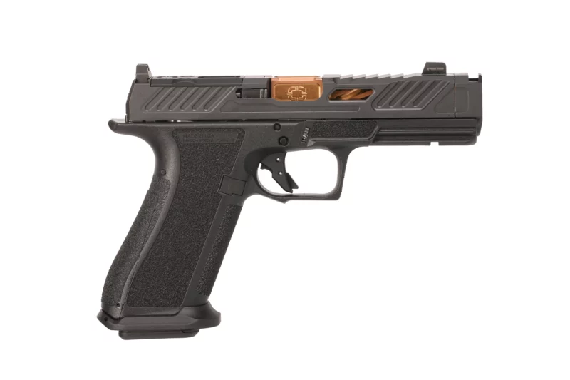 Shadow Systems XR920P Elite 9mm pistol, spiral-fluted bronze barrel, black polymer frame, green tritium front sight