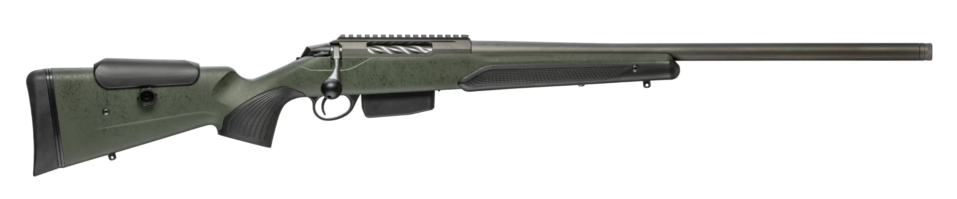 Tikka T3x Super Varmint 6.5 Creedmoor rifle with green Roughtech synthetic stock and threaded muzzle