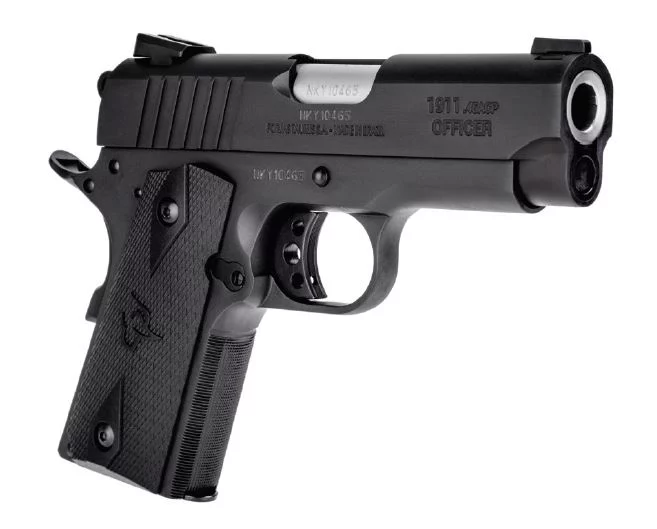 Taurus 1911 Officer .45 ACP 3.5-inch matte black pistol with checkered black grip