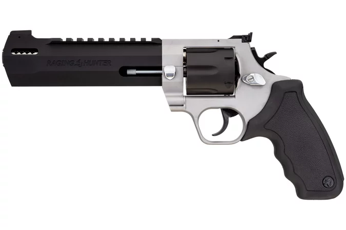 Taurus Raging Hunter .44 Magnum 6.75-inch two-tone revolver, stainless frame with black barrel and rubber cushioned grip
